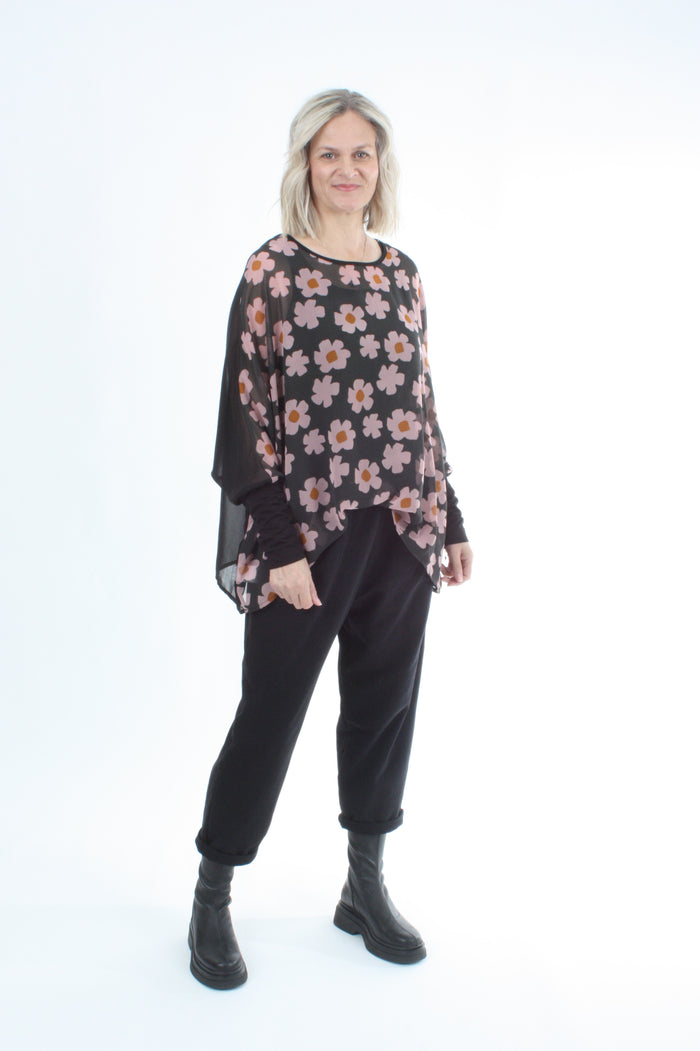 Alexa Top - Flower Print - Black with Black Cuffs