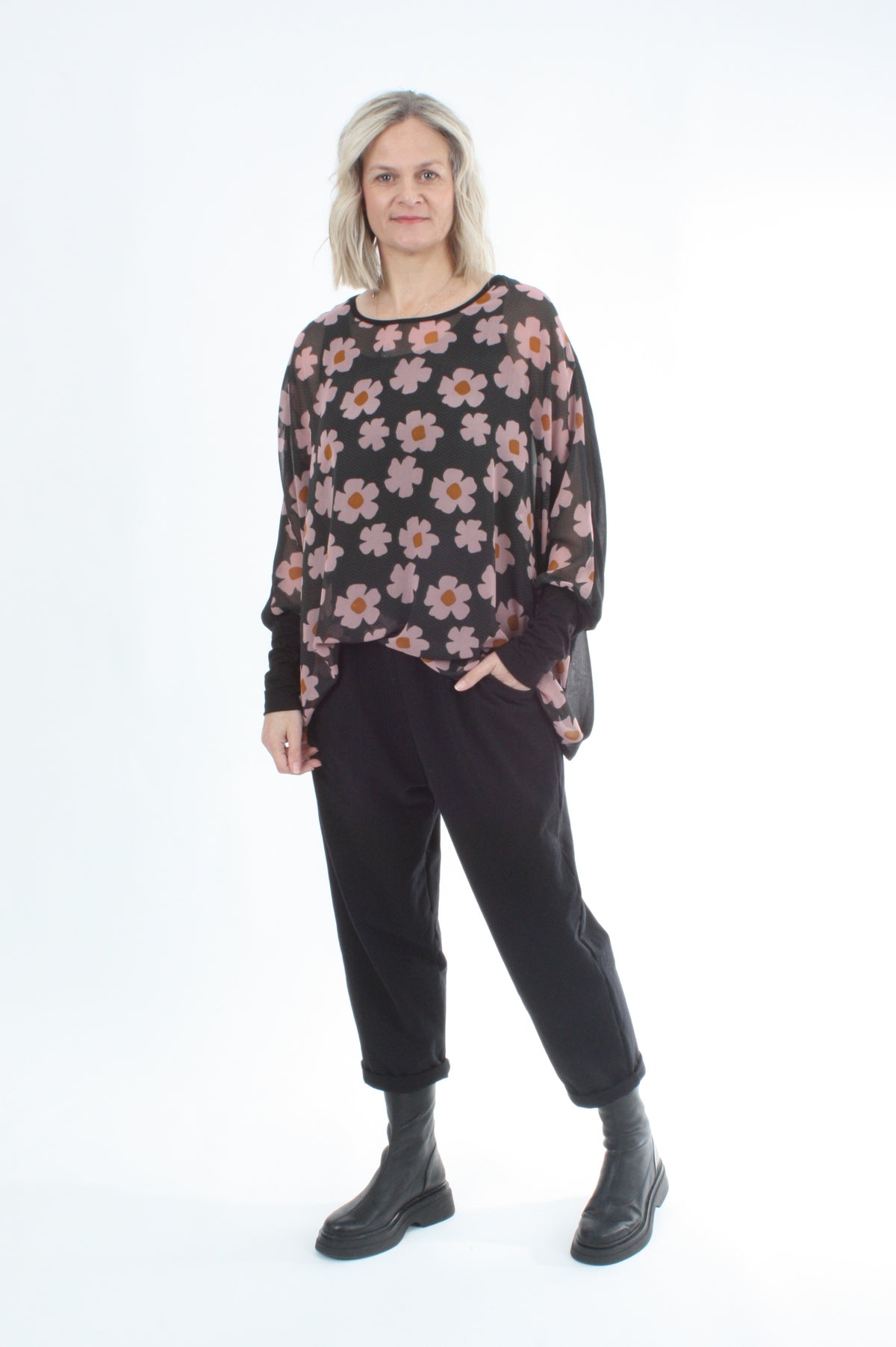 Alexa Top - Flower Print - Black with Black Cuffs