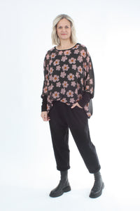 Alexa Top - Flower Print - Black with Black Cuffs