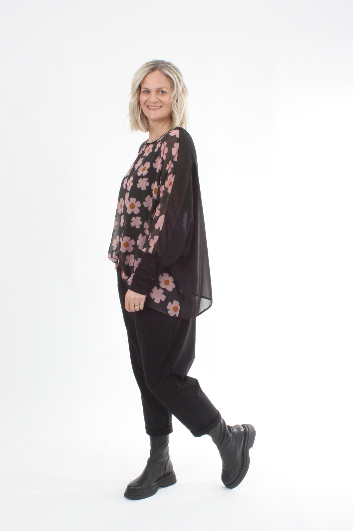 Alexa Top - Flower Print - Black with Black Cuffs