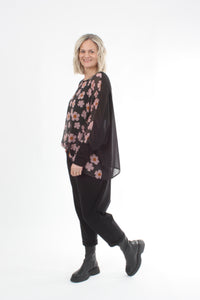 Alexa Top - Flower Print - Black with Black Cuffs