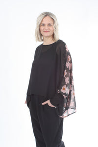 Alexa Top - Flower Print - Black with Black Cuffs