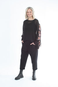 Alexa Top - Flower Print - Black with Black Cuffs