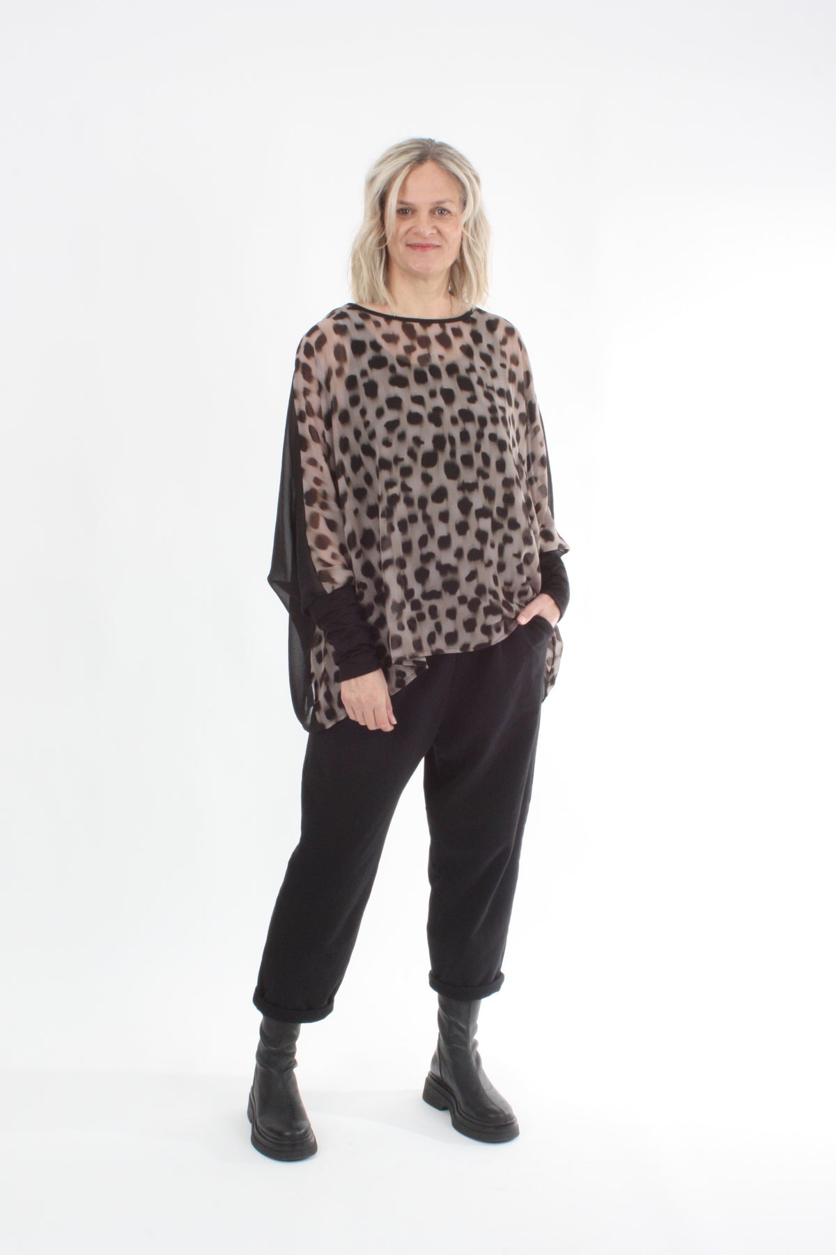 Alexa Top - Spot Print - Black with Black Cuffs - Pre Order