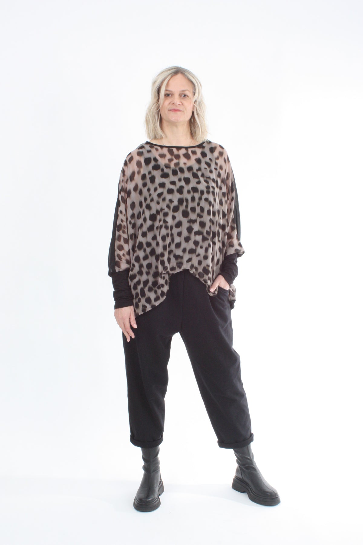 Alexa Top - Spot Print - Black with Black Cuffs - Pre Order