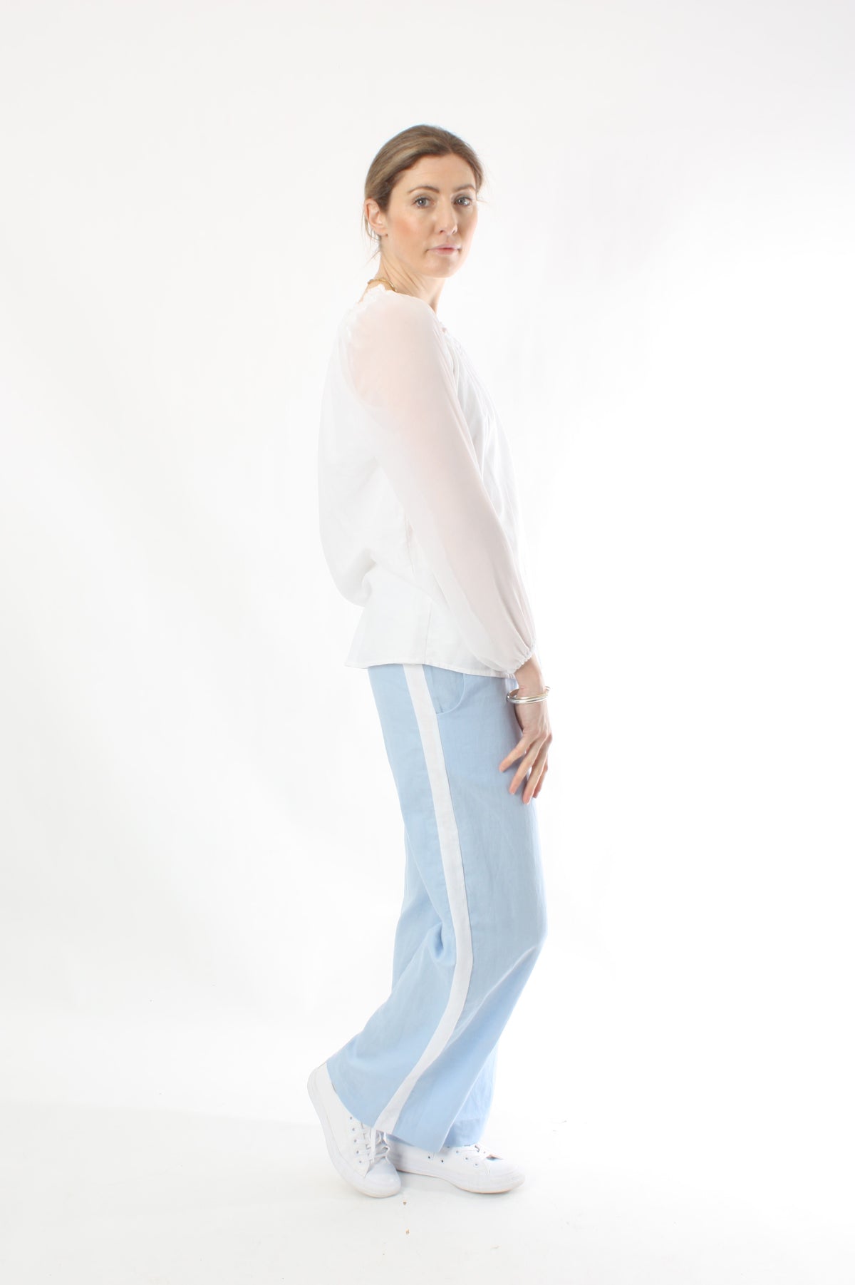 Olivia Pants - Cornflour Blue with White stripe - Pre-Order