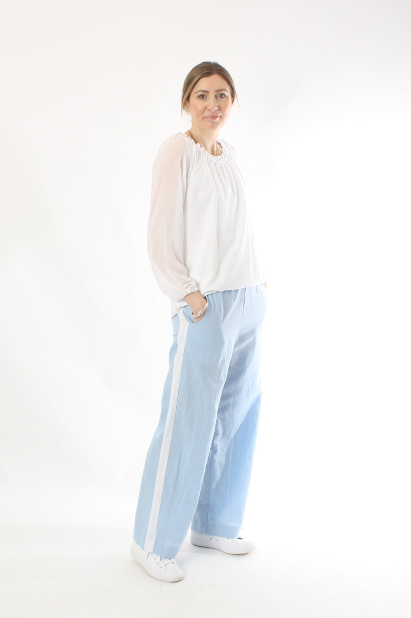 Olivia Pants - Cornflour Blue with White stripe