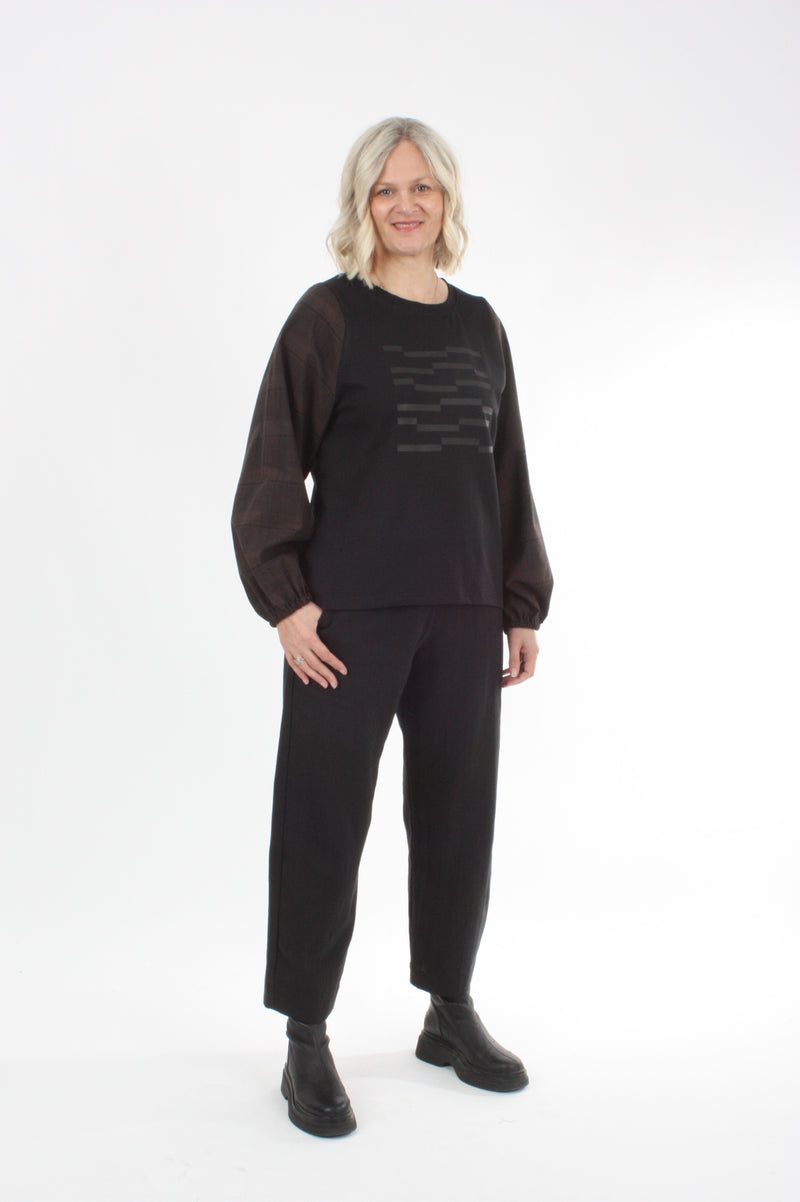 Alice Top - Black line Print - Check Sleeve