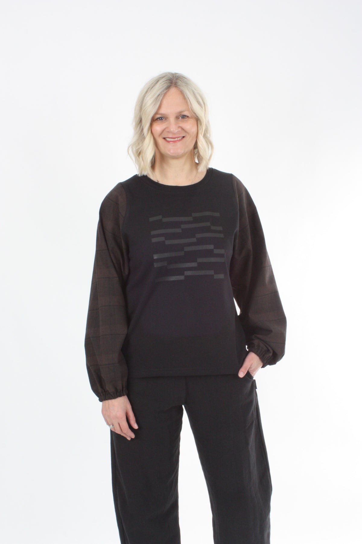 Alice Top - Black line Print - Check Sleeve