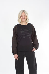 Alice Top - Black line Print - Check Sleeve
