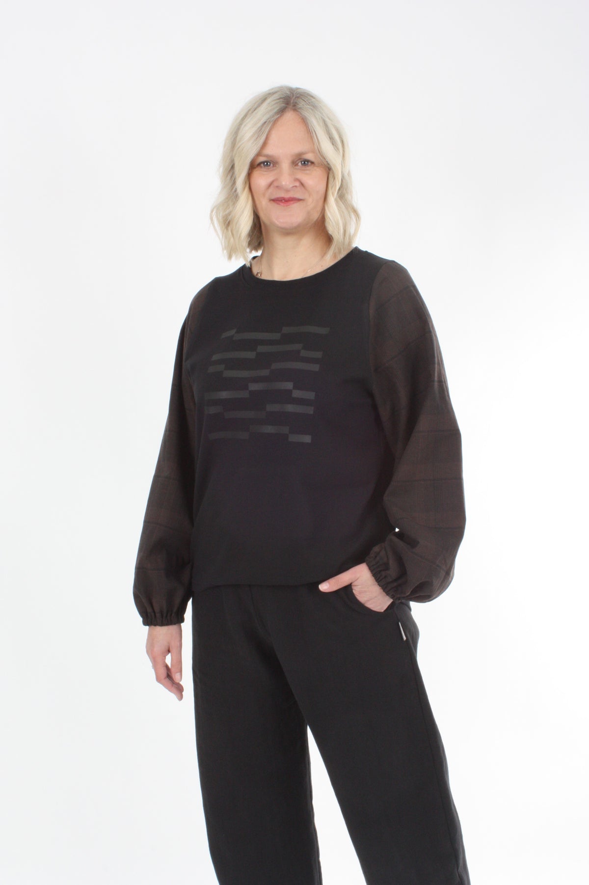 Alice Top - Black line Print - Check Sleeve
