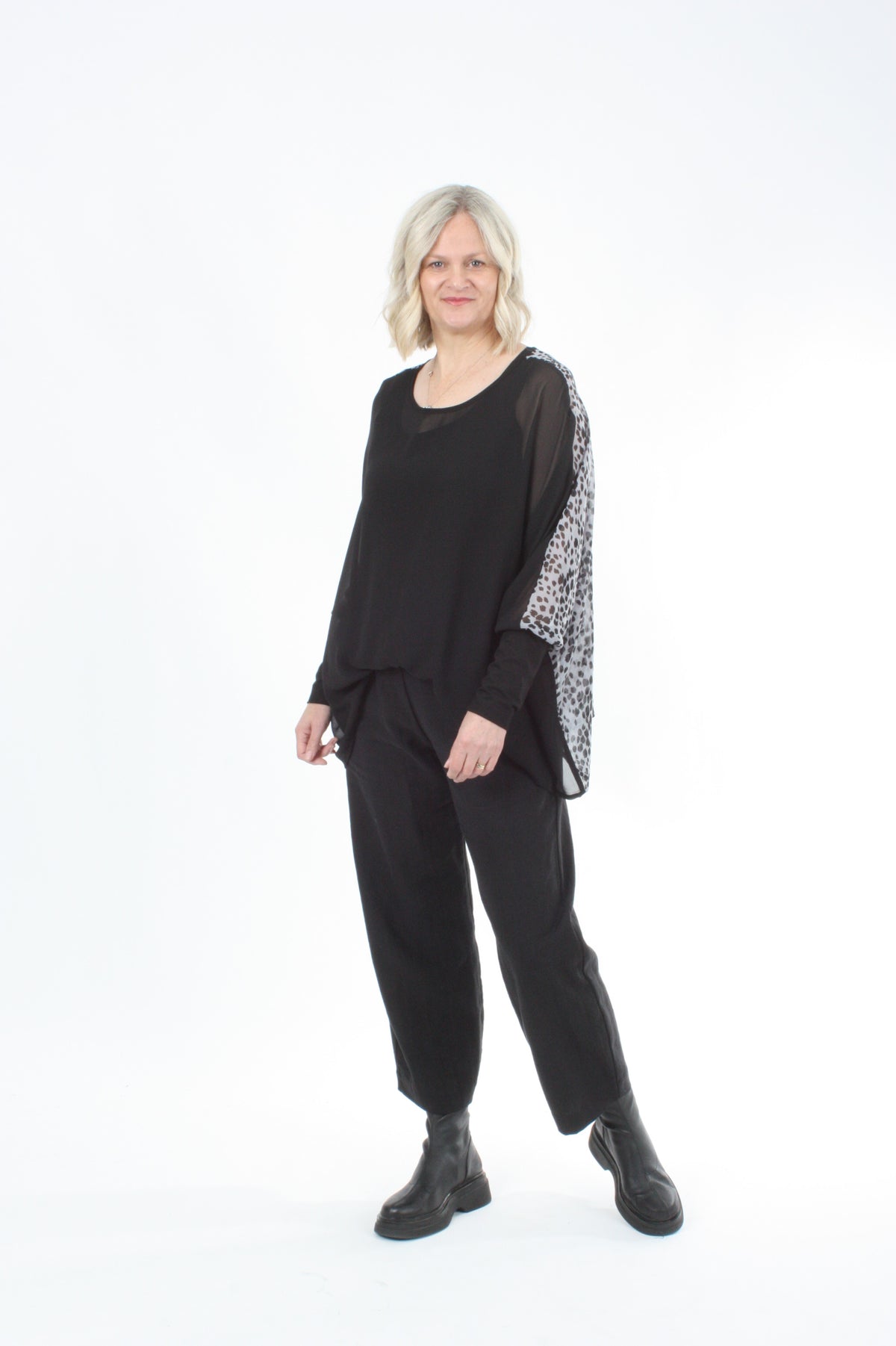 Alexa Top - Leopard Spot Print - Black with Black Cuffs