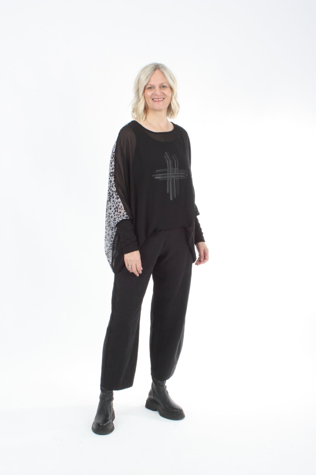 Alexa Top - Leopard Spot Print - Black with Black Cuffs