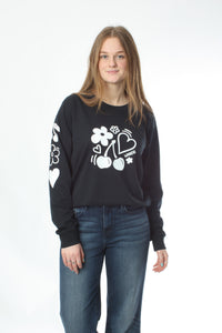 Long Sleeve Tee - Black with White Cherries and heart Print