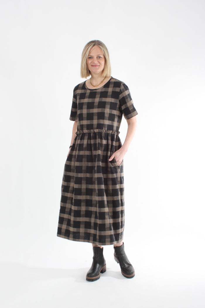 Tilly Dress - Black and Chocolate Check - Pre Order