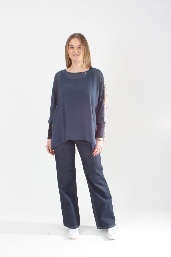 Alexa Top - Denim Floral Print - Denim with Navy Cuffs