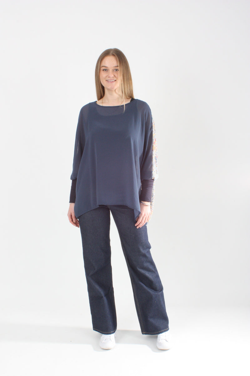 Alexa Top - Denim Floral Print - Denim with Navy Cuffs