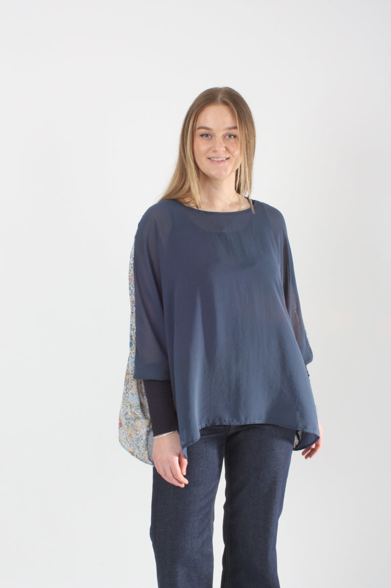 Alexa Top - Denim Floral Print - Denim with Navy Cuffs