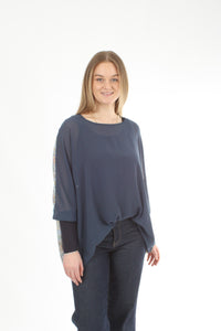 Alexa Top - Denim Floral Print - Denim with Navy Cuffs