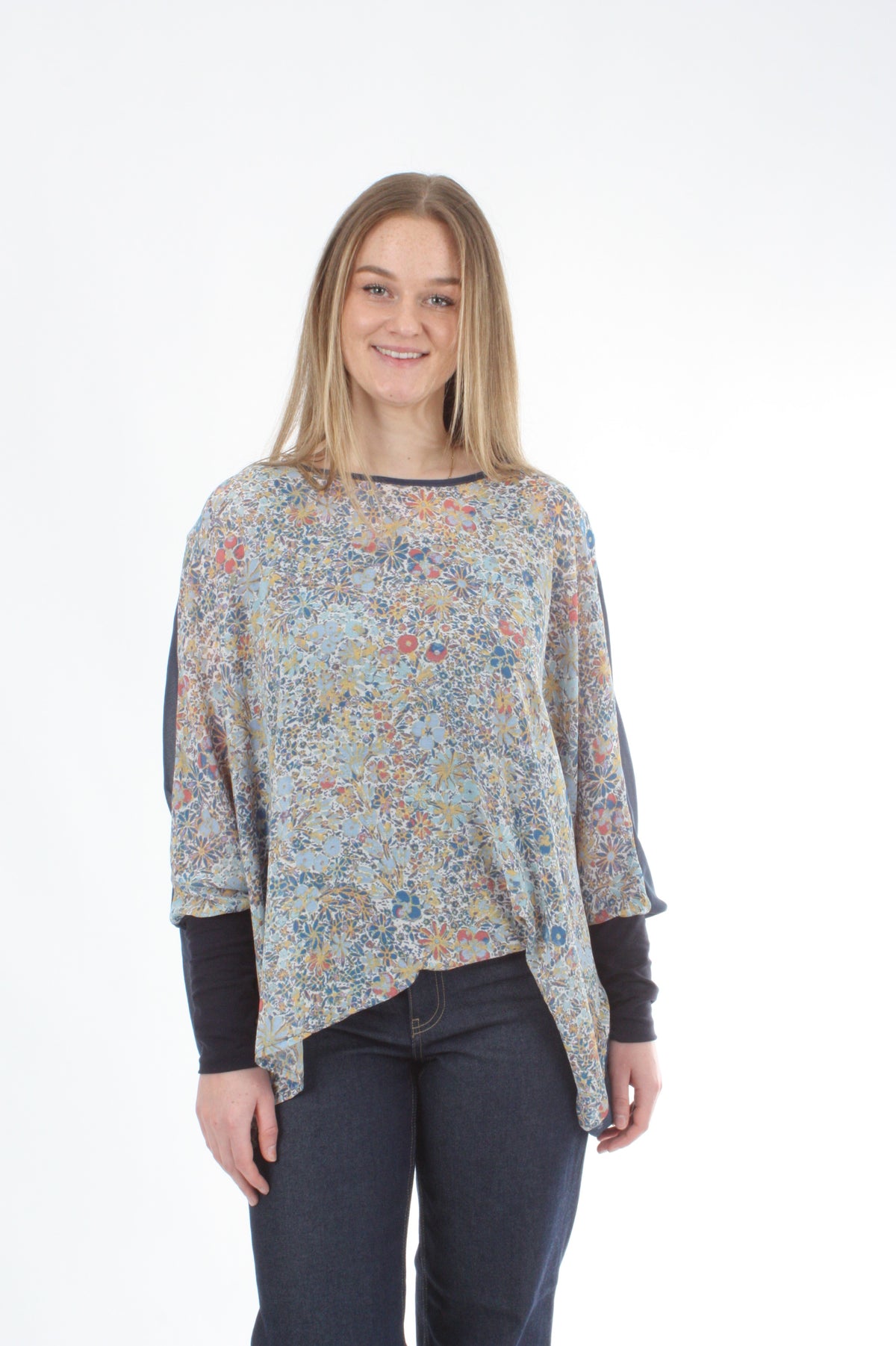 Alexa Top - Denim Floral Print - Denim with Navy Cuffs