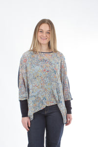 Alexa Top - Denim Floral Print - Denim with Navy Cuffs