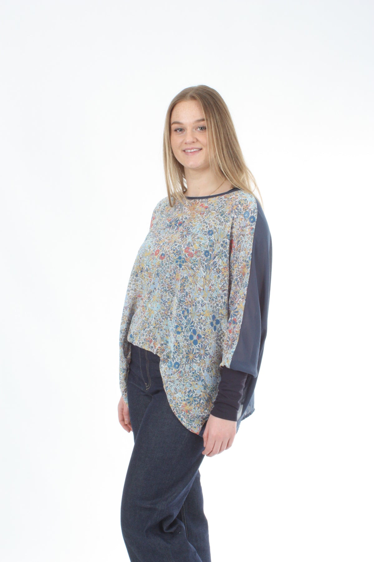 Alexa Top - Denim Floral Print - Denim with Navy Cuffs