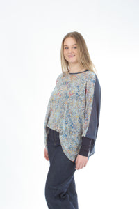 Alexa Top - Denim Floral Print - Denim with Navy Cuffs