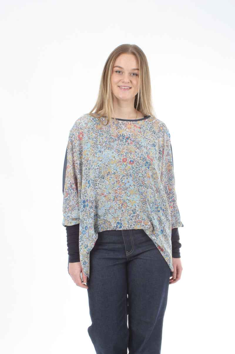 Alexa Top - Denim Floral Print - Denim with Navy Cuffs