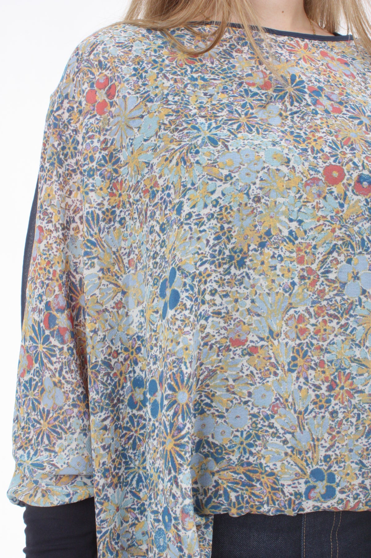 Alexa Top - Denim Floral Print - Denim with Navy Cuffs
