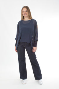 Alexa Top - Floral Print - Denim with Navy Cuffs