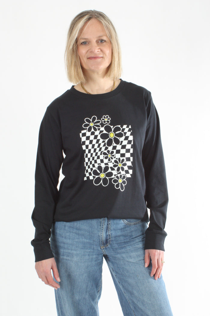 Long Sleeve Tee - Navy with Checker Flower print - Pre Order