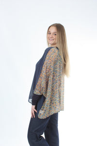 Alexa Top - Floral Print - Denim with Navy Cuffs