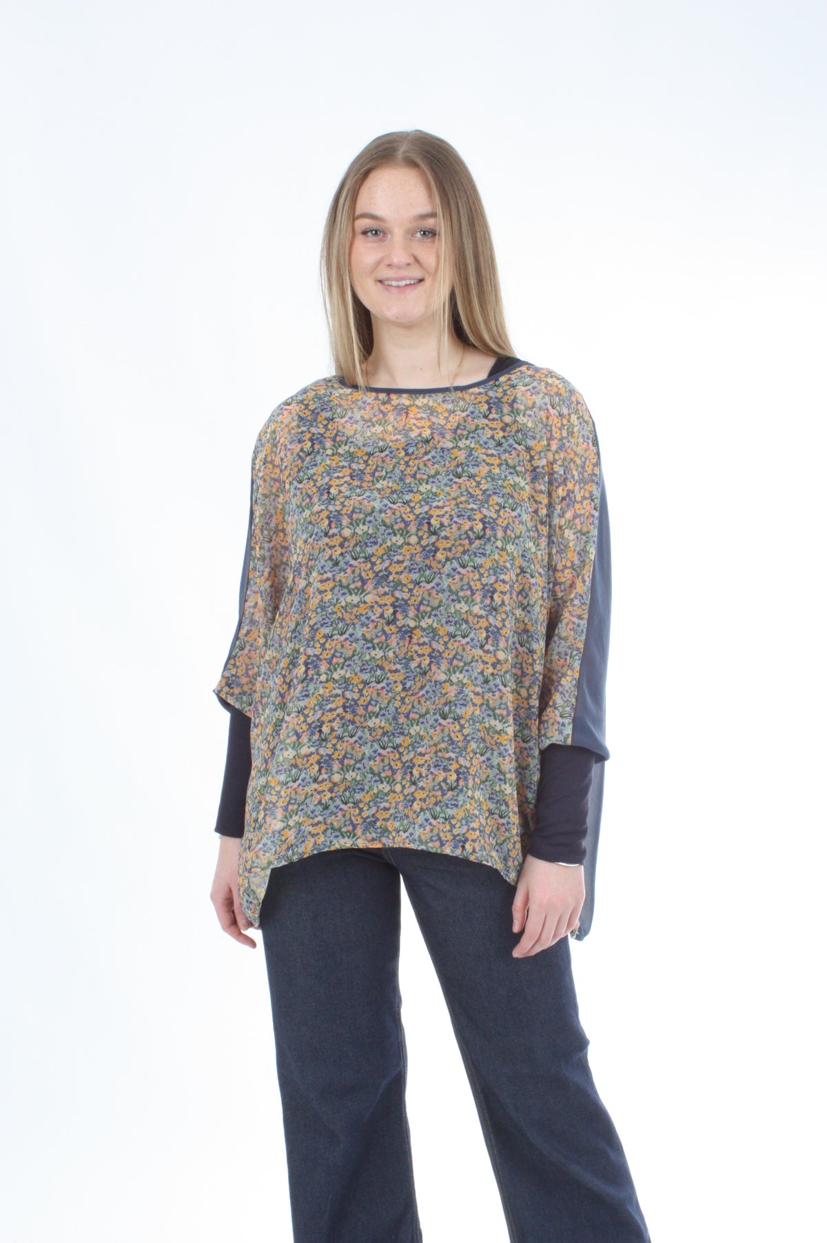 Alexa Top - Floral Print - Denim with Navy Cuffs