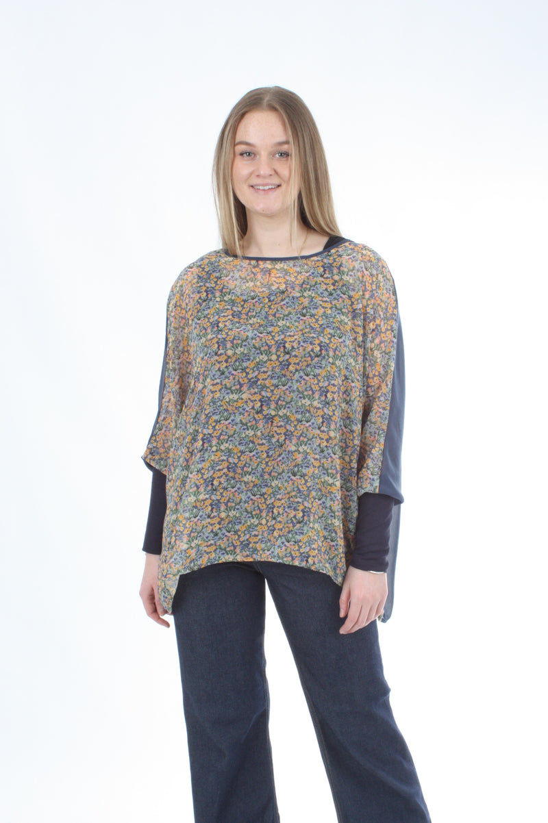 Alexa Top - Floral Print - Denim with Navy Cuffs