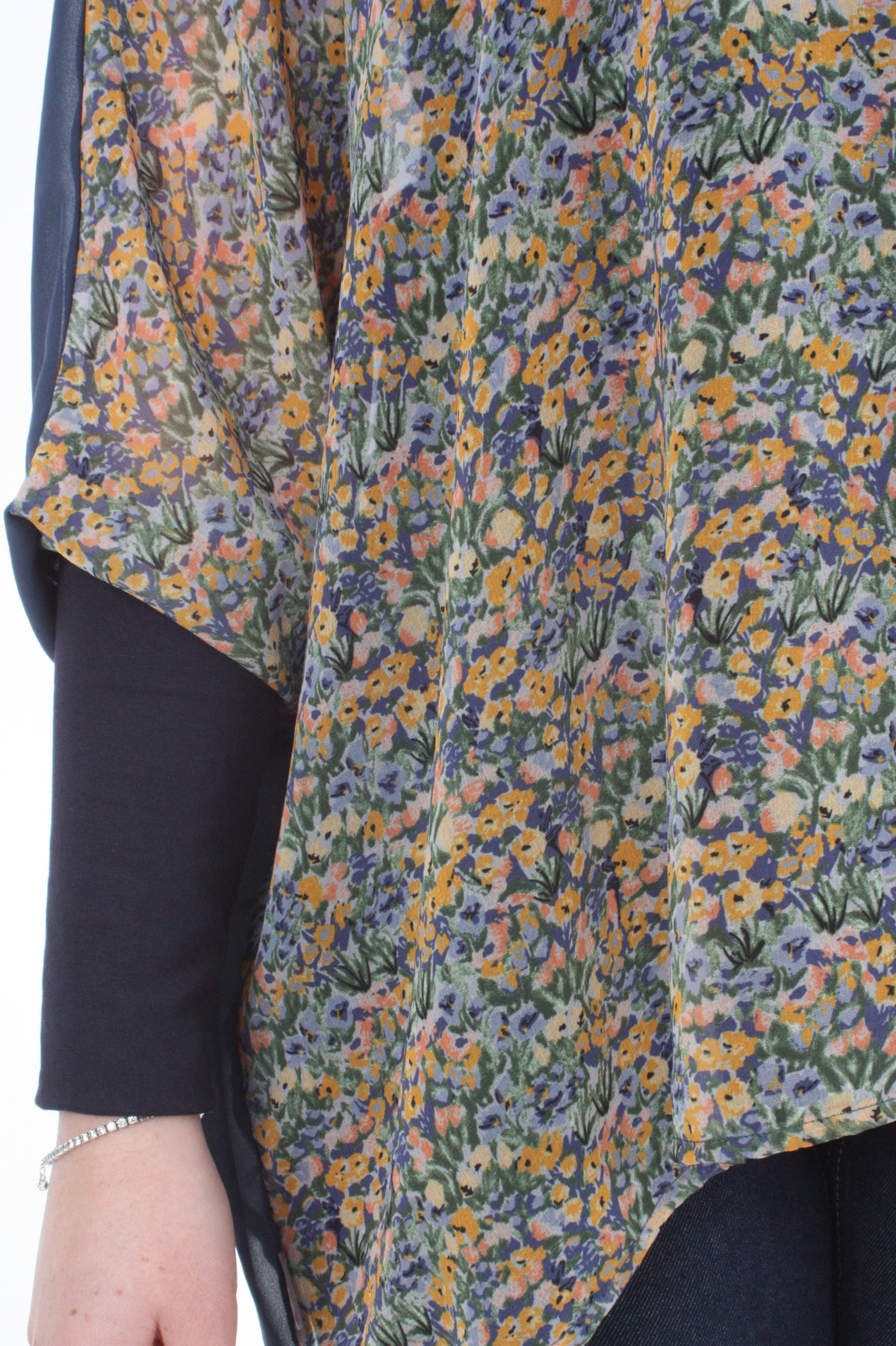 Alexa Top - Floral Print - Denim with Navy Cuffs