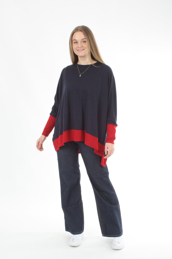 Square Poncho Merino - Navy - Red - Pre-Order
