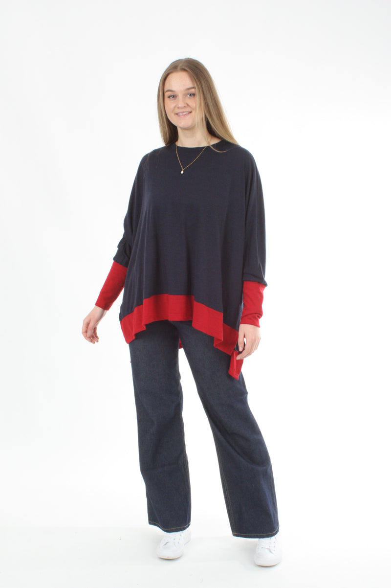 Square Poncho Merino - Navy - Red - Pre-Order