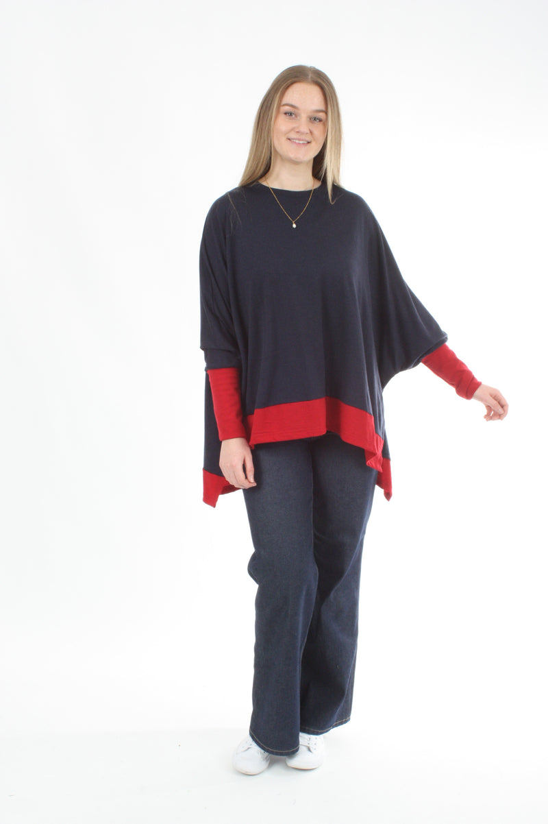 Square Poncho Merino - Navy - Red - Pre-Order