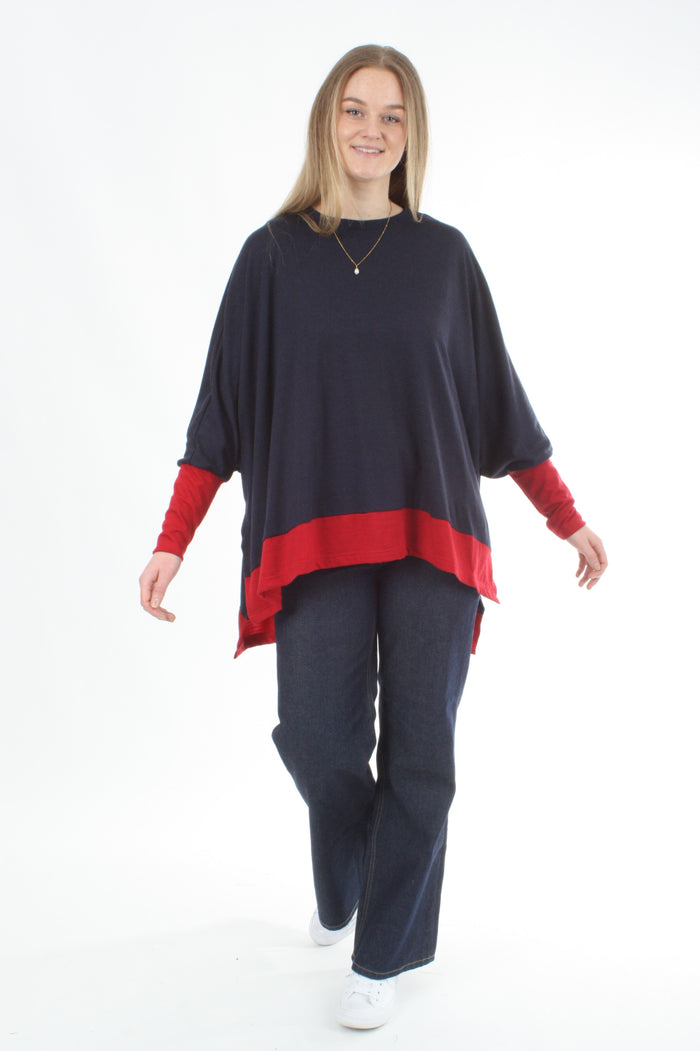 Square Poncho Merino - Navy - Red - Pre-Order