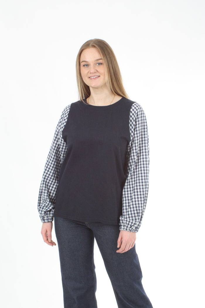 Alice Top - Navy - Check Sleeve - Pre Order