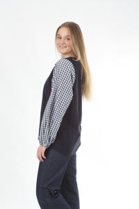 Alice Top - Navy - Check Sleeve - Pre Order