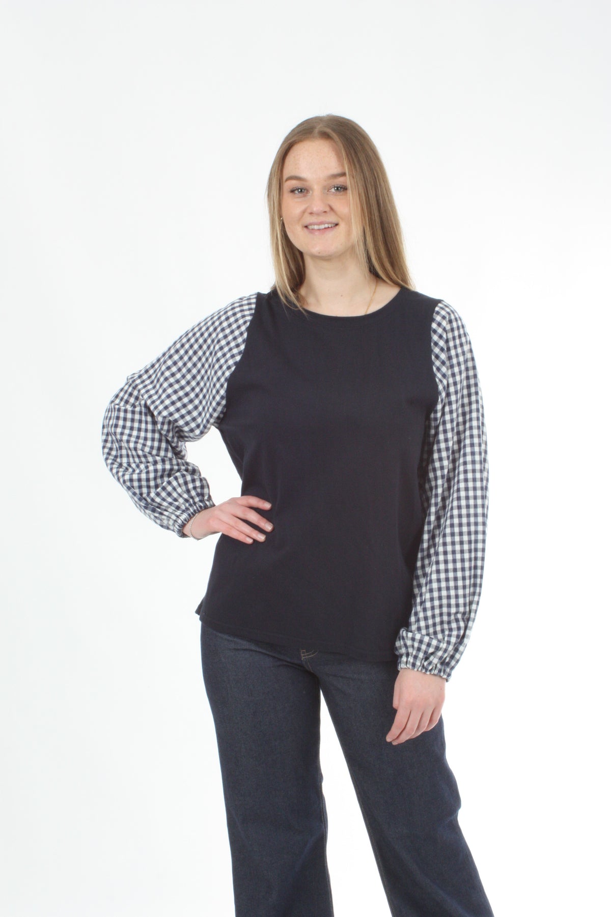 Alice Top - Navy - Check Sleeve - Pre Order