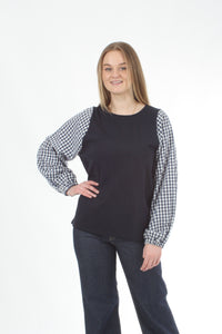 Alice Top - Navy - Check Sleeve - Pre Order