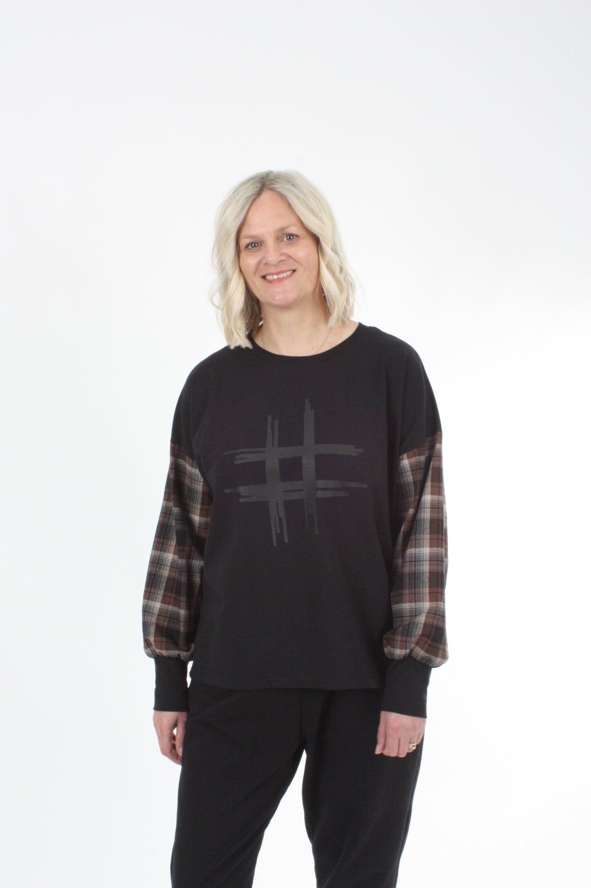 Quinn Top - Black Check Sleeve