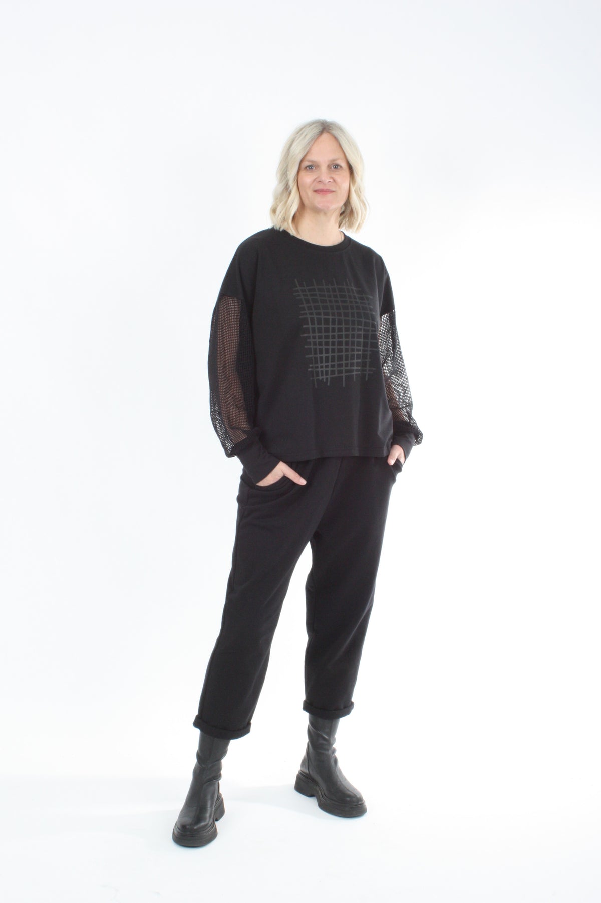 Quinn Top - Black Mesh Sleeves