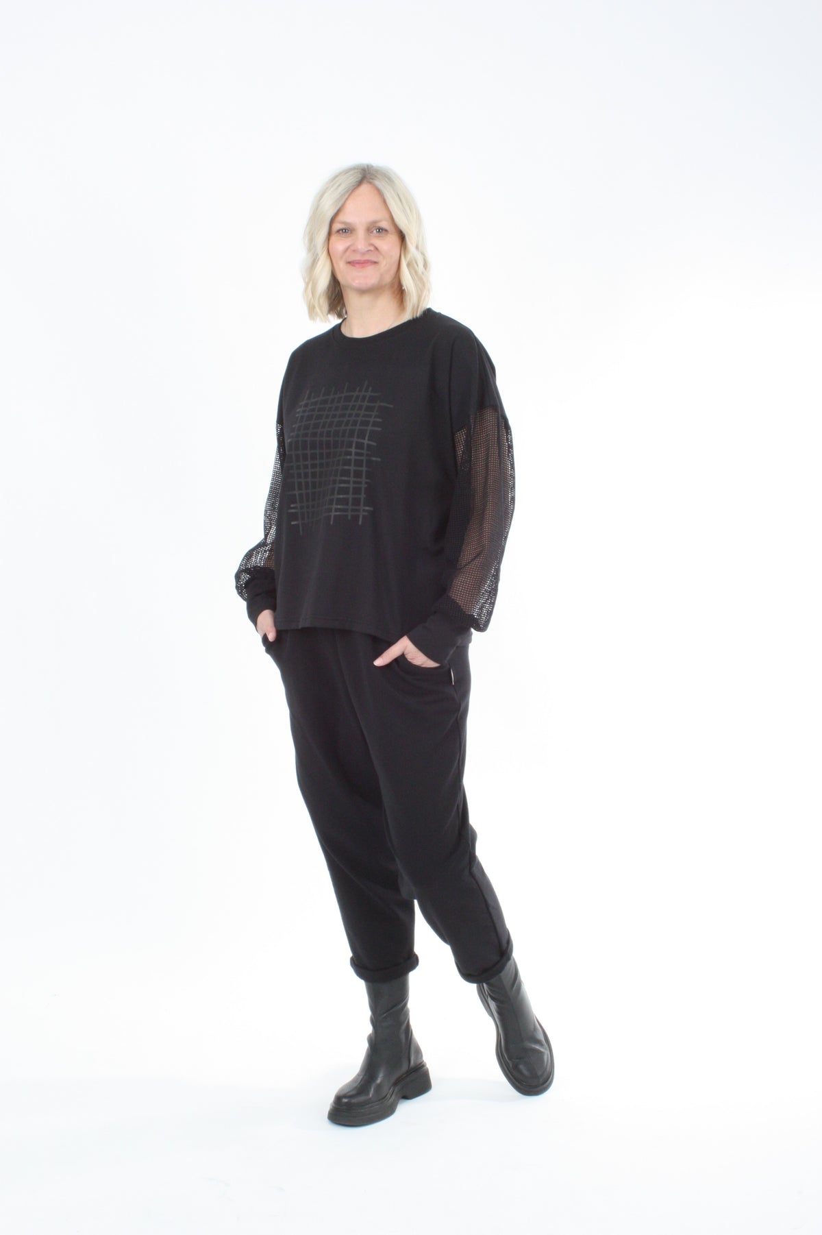 Quinn Top - Black Mesh Sleeves