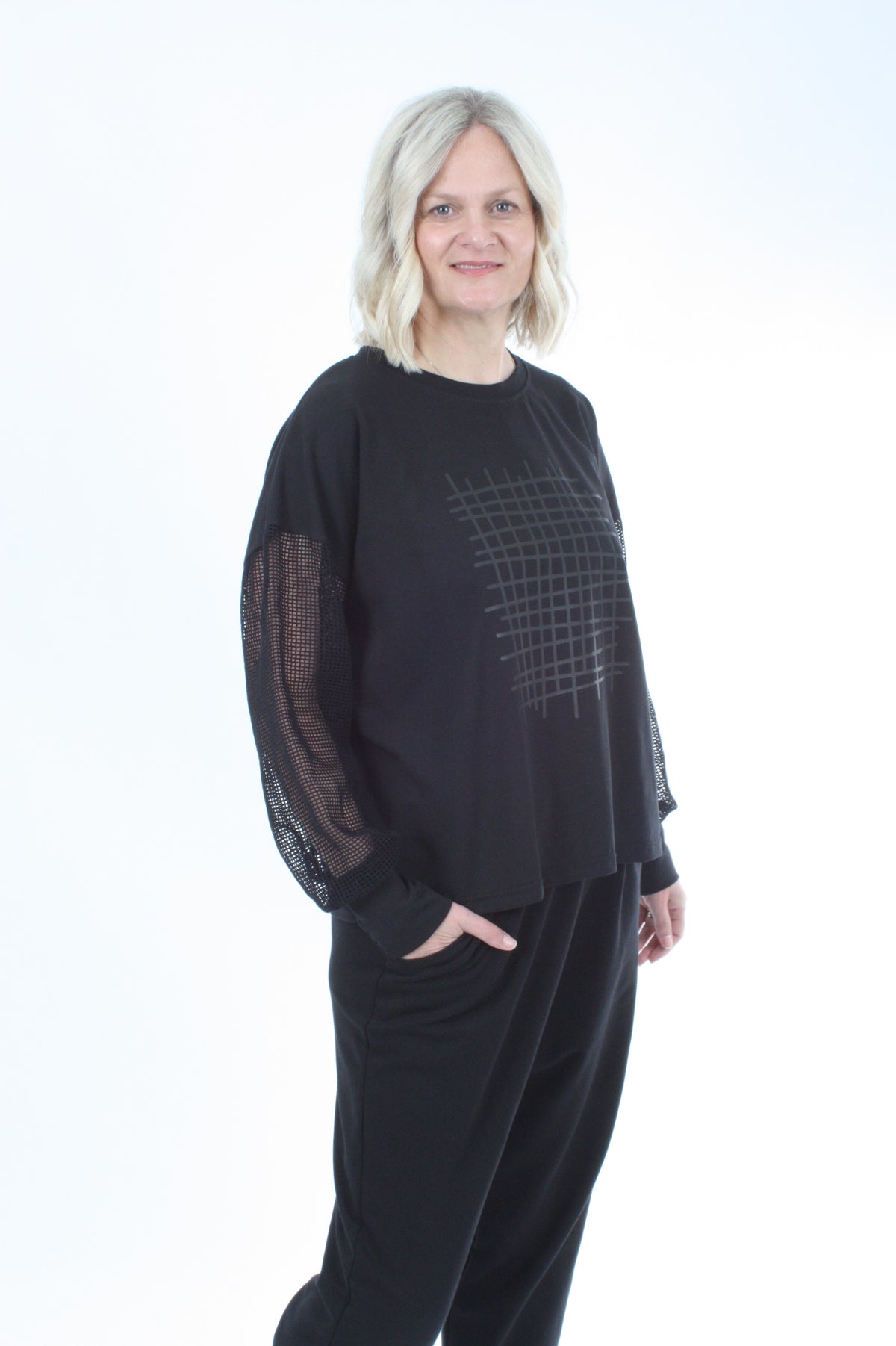 Quinn Top - Black Mesh Sleeves
