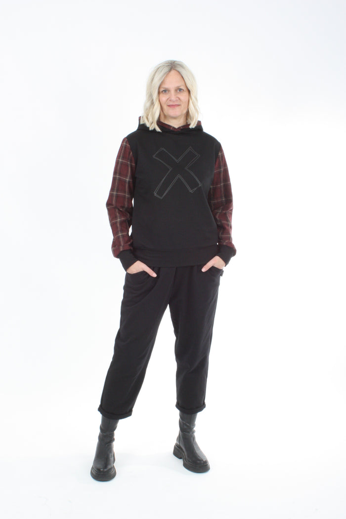 Holly Hoodie - Black X Print - Burgundy check Sleeve