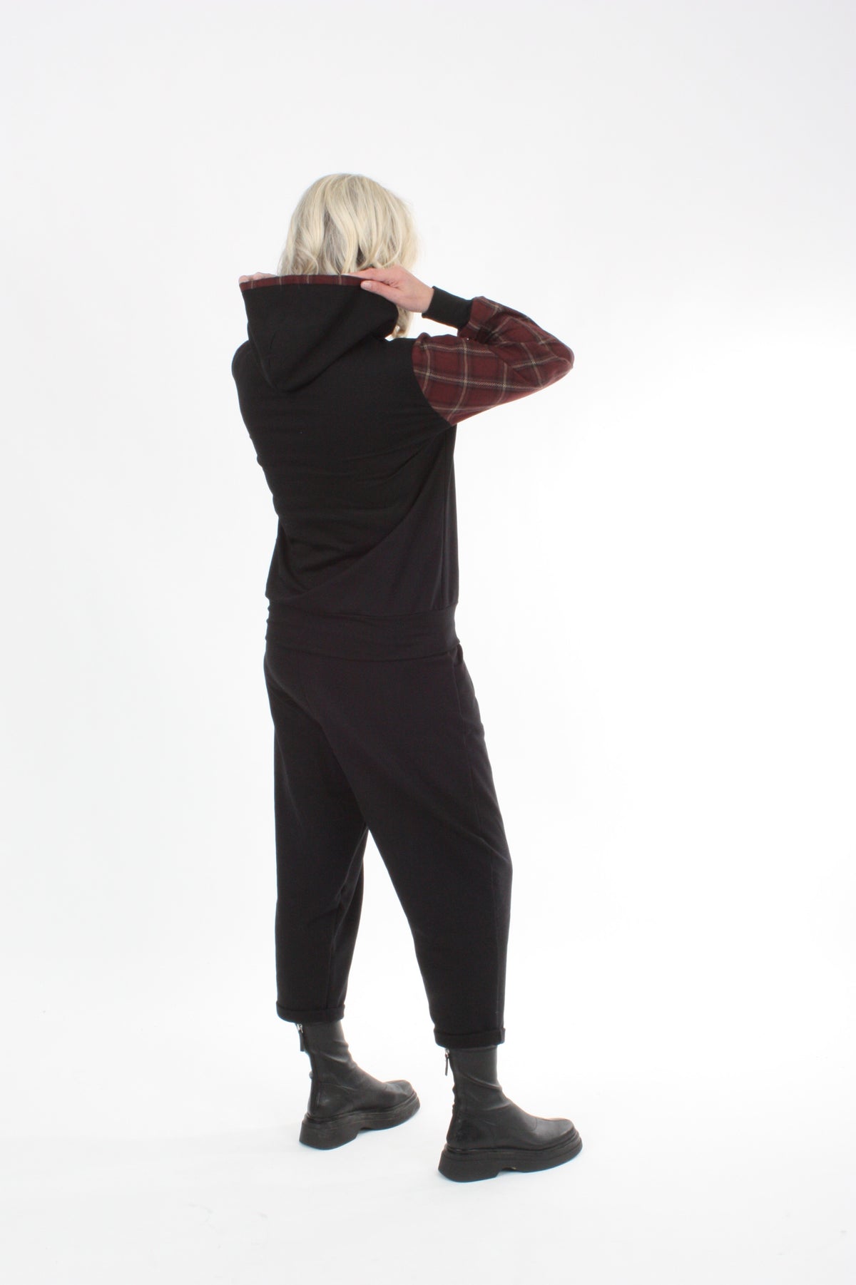 Holly Hoodie - Black X Print - Burgundy check Sleeve