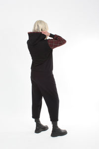 Holly Hoodie - Black X Print - Burgundy check Sleeve